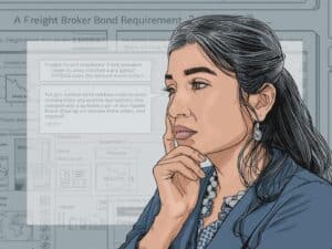 Focused professional analyzing FMCSA freight broker bond information on a digital screen with overlays.