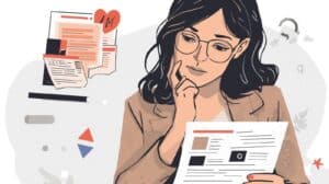 A thoughtful woman wearing glasses reviews freight broker bond training resources and certification materials at her desk.