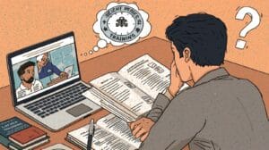 Man studying freight broker bond training books at a desk, using both printed materials and an online course to understand FMCSA compliance and bond procedures.