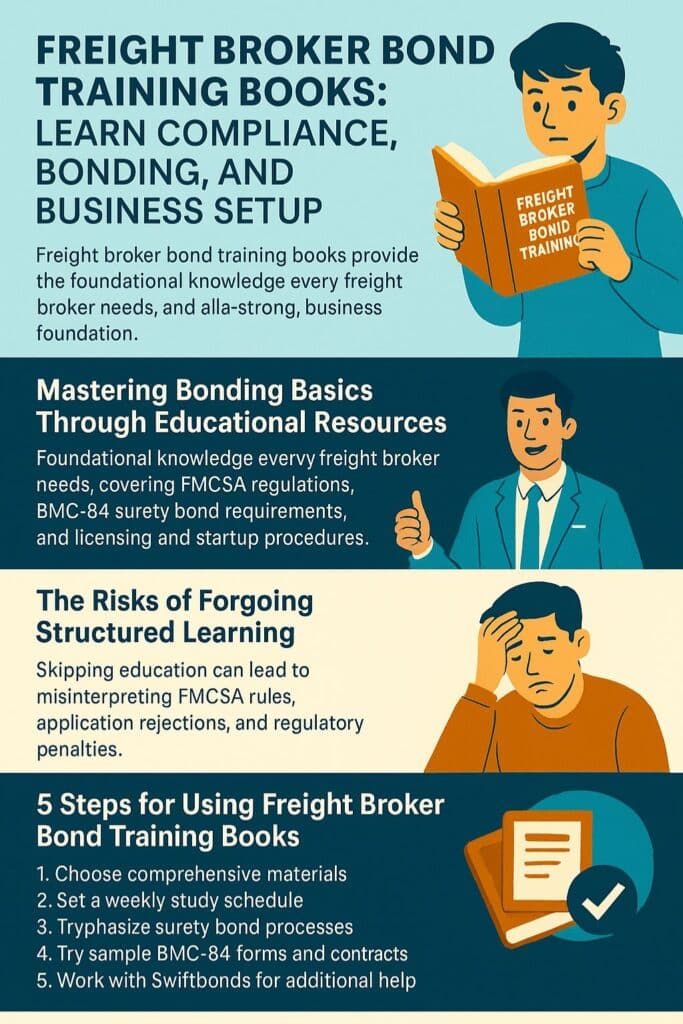 Informative infographic highlighting how freight broker bond training books teach compliance, bonding procedures, and business setup, with key steps and benefits for aspiring freight brokers.