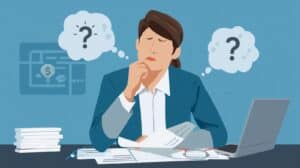 An illustration of a woman sitting at her desk with financial papers, looking puzzled with question marks above her head, representing confusion over freight broker bond approval for bad credit.