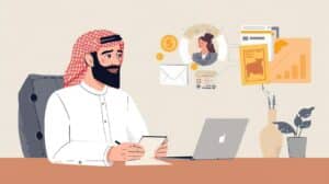A businessman in traditional Middle Eastern attire sitting at a desk, writing notes while managing financial documents and digital tools related to freight broker bond compliance.