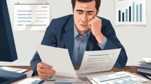 An illustration of a businessman at his desk reviewing financial paperwork with a concerned expression, symbolizing the challenges of securing a freight broker bond for bad credit.