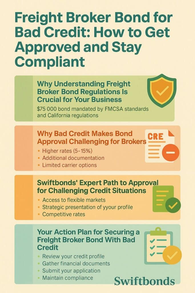 A spring-themed flat design infographic titled “Freight Broker Bond for Bad Credit: How to Get Approved and Stay Compliant,” outlining four key sections on federal regulations, bad credit challenges, Swiftbonds’ solutions, and action steps for securing approval.