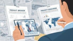 llustration of a man examining freight broker and freight forwarder paperwork side by side, highlighting the contrasting legal and operational requirements of each role.