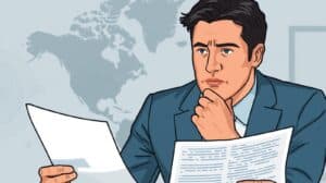 A businessman in a suit reviews freight broker surety bond Canada documents with a world map in the background, analyzing cross-border bonding requirements.