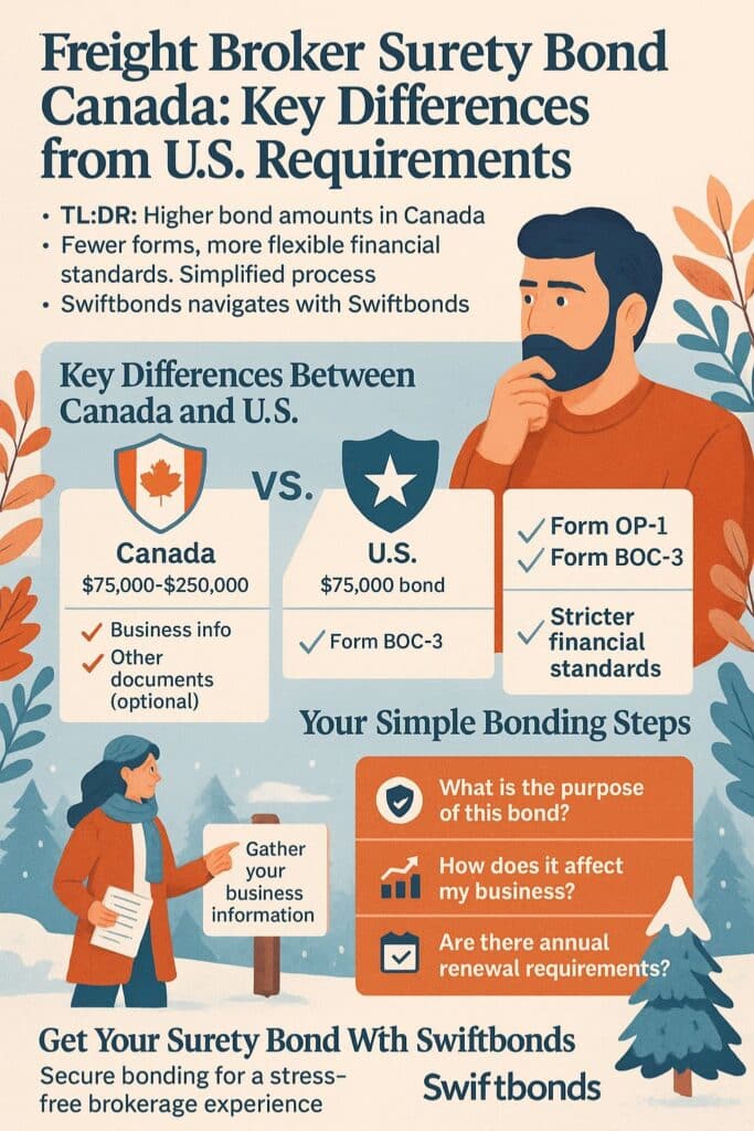 An infographic explaining key differences between freight broker surety bond Canada and U.S. requirements, highlighting bond amounts, document needs, and compliance steps in a winter and fall themed design.