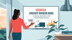 A professional woman presenting a Georgia freight broker bond licensing and application guide on a large screen in a modern office setting.