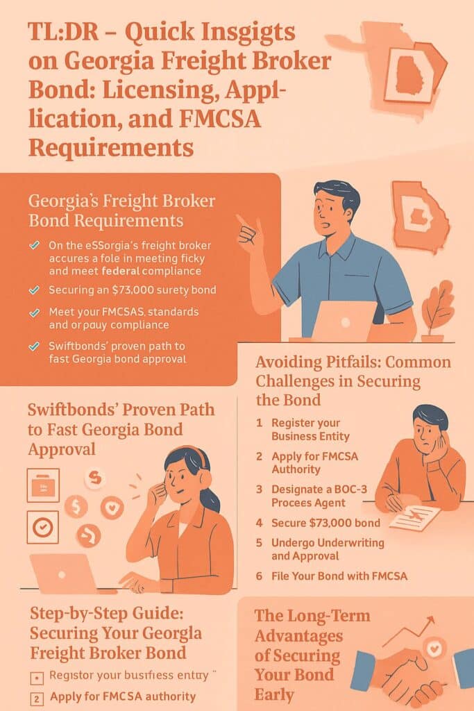 An infographic in peach tones outlining Georgia freight broker bond licensing, application, and FMCSA requirements, including steps for bond approval and common challenges.