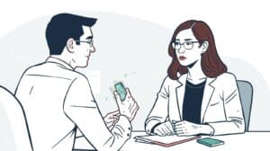 Professional discussion between two businesspeople reviewing money transmitter bond compliance documents for financial licensing in Georgia.