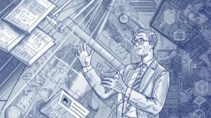 Illustration of a financial expert explaining Georgia money transmitter bond procedures with charts and technical documents in the background.