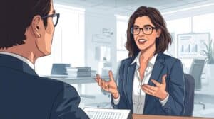 Businesswoman confidently consulting with a client about Georgia money transmitter bond requirements in a modern office setting.