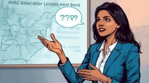 Business professional presenting HVAC contractor license bond details with a U.S. map in the background, symbolizing nationwide licensing requirements.
