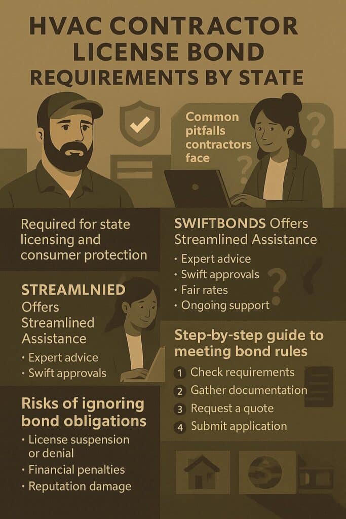 Informational infographic explaining HVAC contractor license bond requirements by state, including application steps, risks of non-compliance, and Swiftbonds’ assistance.