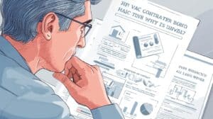A thoughtful professional reviews detailed HVAC contractor surety bond documents and charts at his desk, analyzing licensing compliance requirements.