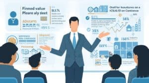 A business professional presenting freight broker bond compliance value data to an audience, with charts, statistics, and financial infographics on a large screen.