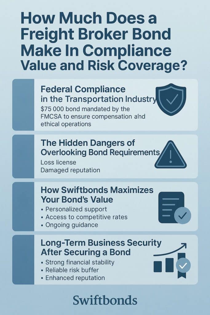 A blue rain-themed infographic explaining how much a freight broker bond makes in compliance value and risk coverage, highlighting federal compliance, hidden dangers of non-compliance, Swiftbonds’ value support, and long-term business security.