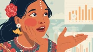 An artistic illustration of a woman explaining freight broker bond cost factors, with financial charts in the background.