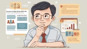 An illustrated man in glasses reviewing freight broker bond information with charts and application details around him.