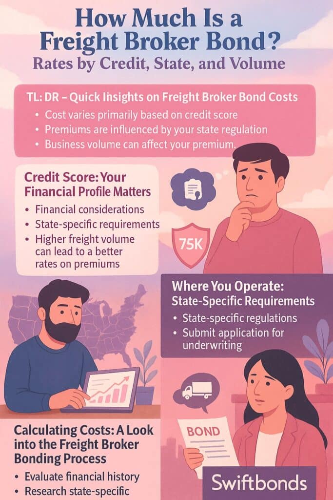 A pink-sky themed infographic explaining how much is a freight broker bond, highlighting credit score impact, state-specific regulations, and business volume factors for 2025.