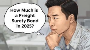 An illustration of a man in business attire thoughtfully considering the question ‘How much is a freight broker surety bond in 2025?’ shown in a speech bubble.