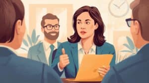 A professional illustration of a woman presenting financial documents to a group during a business meeting, symbolizing expert guidance on freight broker surety bond costs.