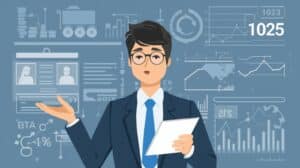 An illustration of a man in a suit presenting freight broker surety bond cost data with digital charts, graphs, and financial metrics in the background.