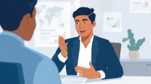 A confident freight broker discusses surety bond licensing costs and application strategies with a client in a modern office setting.