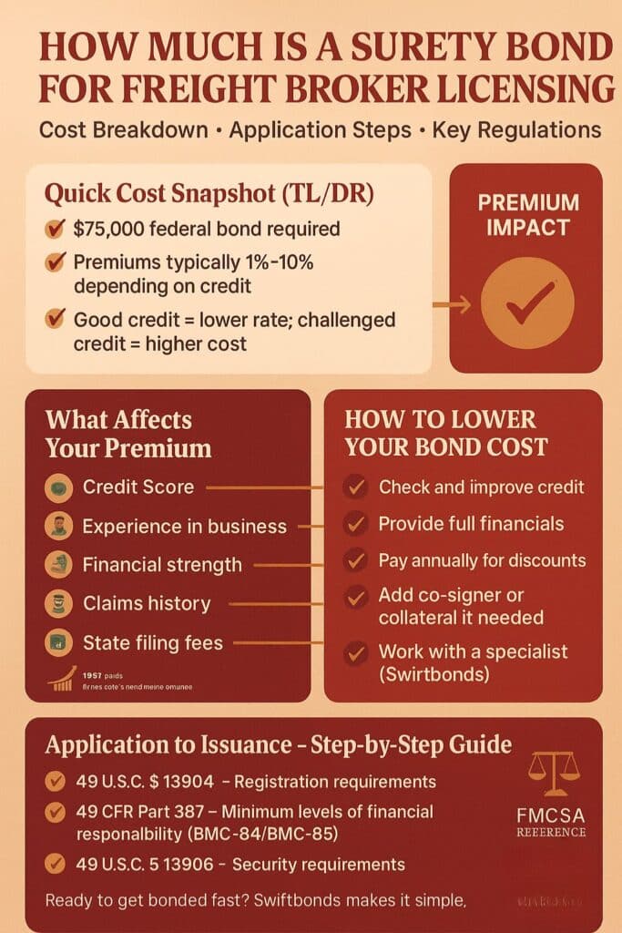 An informative infographic detailing the cost breakdown, premium factors, and application steps for how much is a surety bond for freight broker licensing.
