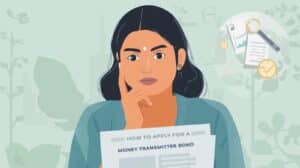 Female entrepreneur reviewing documents labeled ‘How to Apply for a Money Transmitter Bond,’ symbolizing preparation for financial compliance and licensing.
