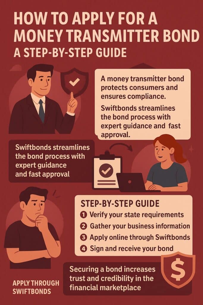 Infographic explaining how to apply for a money transmitter bond, showing step-by-step guide, Swiftbonds branding, and business icons in wine red color palette.
