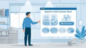 Illustration of a man presenting a digital board explaining how to apply for an HVAC contractor bond, with step-by-step icons and a clean winter-themed office background.