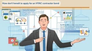 Businessman pointing to floating digital charts and diagrams that visualize the application process for an HVAC contractor bond, with data graphics and workflow elements in the background.
