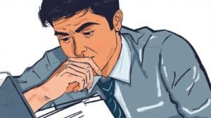 Business professional analyzing Illinois Money Transmitter Bond requirements and financial forms, illustrating the importance of accuracy in bond applications.