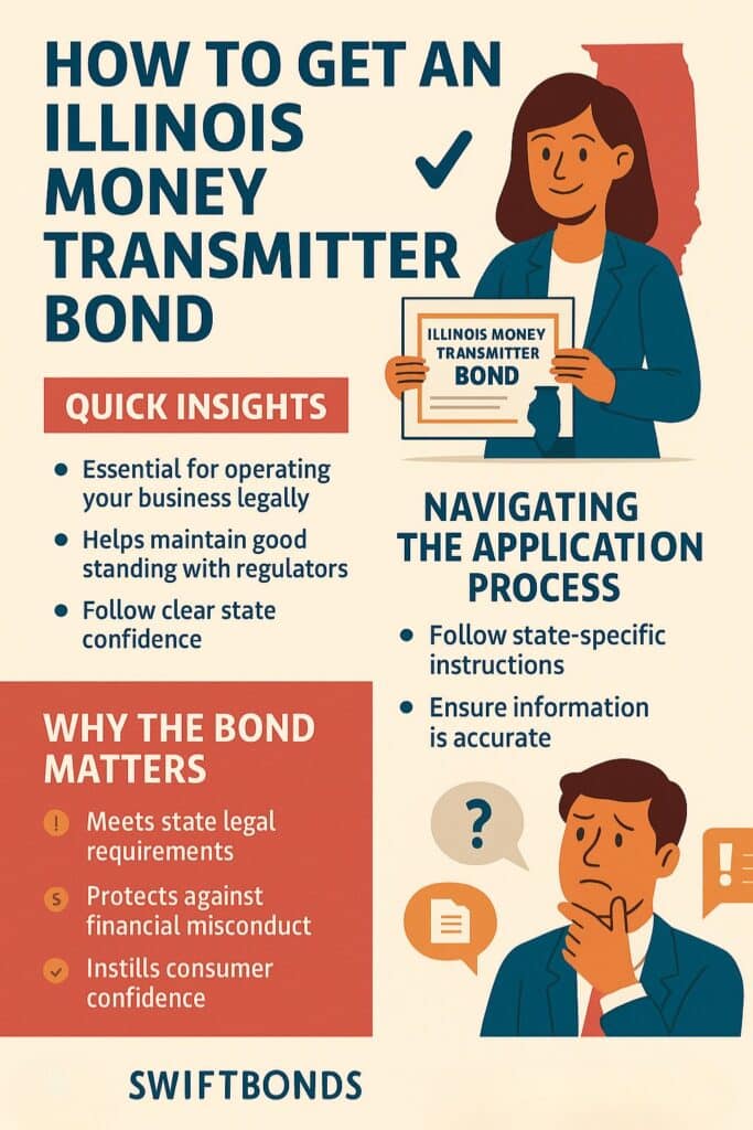 Informative infographic explaining how new businesses can apply for an Illinois Money Transmitter Bond, featuring quick insights, key compliance steps, and Swiftbonds’ guidance in Illinois colors.