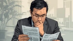 Professional man in a suit reviewing financial documents at his desk, representing the careful evaluation process of obtaining a money transmitter surety bond for compliance.