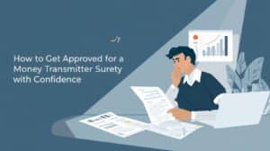 Confident professional analyzing financial reports and application papers with charts in the background, illustrating confidence in securing a money transmitter surety bond with Swiftbonds’ guidance.