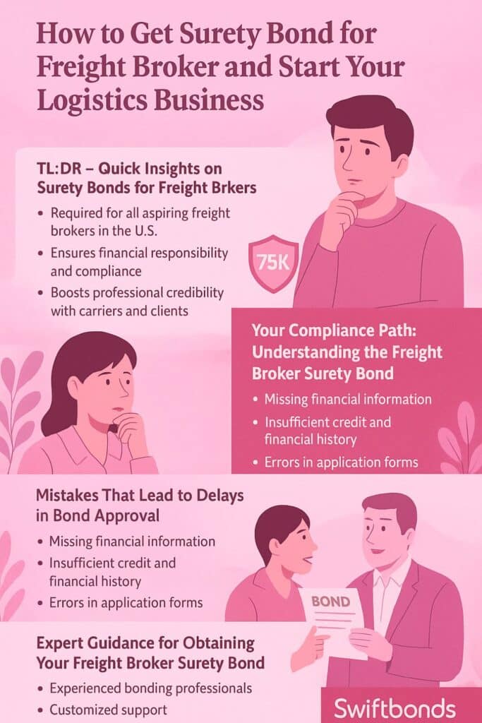 An informative infographic in pink sky tones explaining how to get a surety bond for freight broker and start a logistics business, featuring compliance insights, common mistakes, and expert guidance steps.