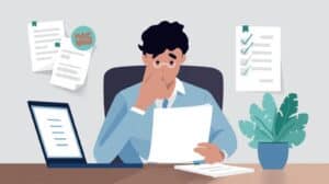 Professional businessman in a light blue shirt reviewing bond application documents at his desk for Colorado money transmitter licensing compliance.