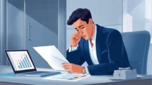 Illustration of a worried entrepreneur in an office reviewing financial documents, depicting the risks of operating without a DC money transmitter bond.