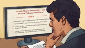 Informational infographic explaining how to secure a Hawaii money transmitter bond for business compliance, featuring step-by-step licensing guidance with Hawaii-inspired colors