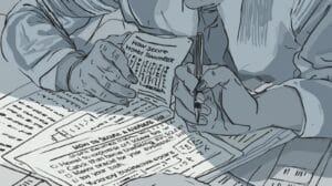 Close-up illustration of two professionals completing Hawaii money transmitter bond paperwork, symbolizing accuracy and collaboration in financial licensing.”
