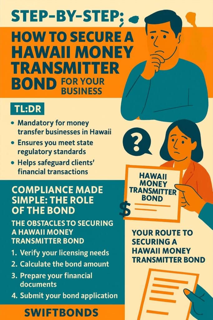 Informational infographic explaining how to secure a Hawaii money transmitter bond for business compliance, featuring step-by-step licensing guidance with Hawaii-inspired colors