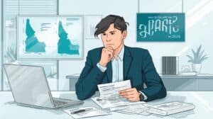 Animated illustration of a thoughtful man analyzing Idaho money transmitter bond charts and paperwork, representing the financial planning process for businesses.