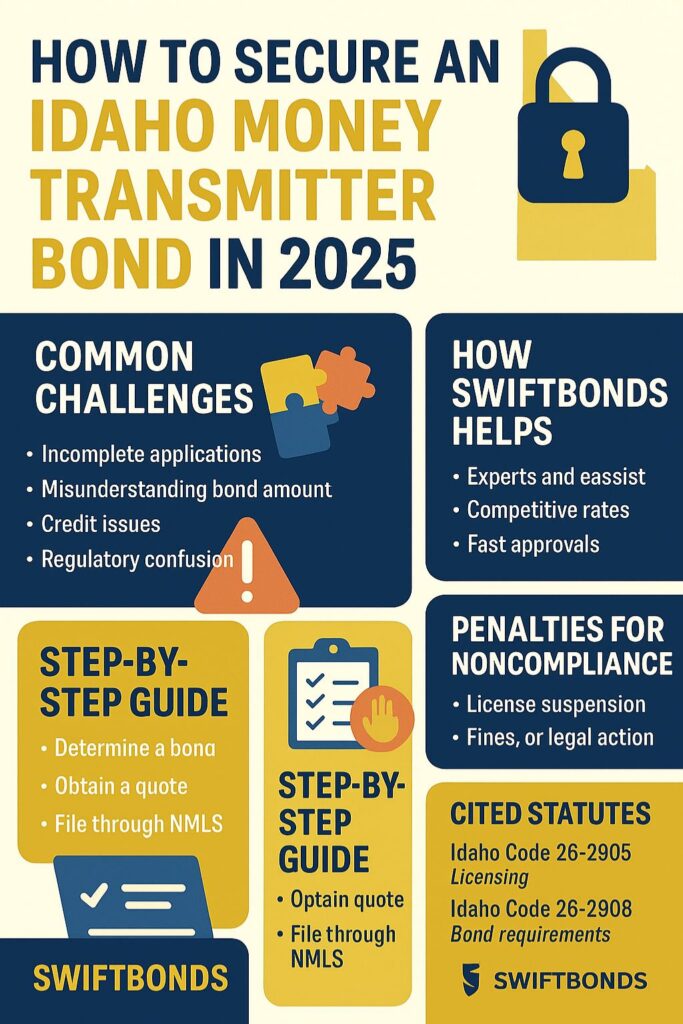 Infographic explaining how to secure an Idaho money transmitter bond in 2025, featuring key points on licensing steps, common challenges, penalties, and Idaho statutes in blue, gold, and red colors.