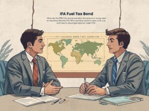 Two business professionals in suits discussing IFA fuel tax bond compliance at a conference table, with a world map and IFTA routes in the background.