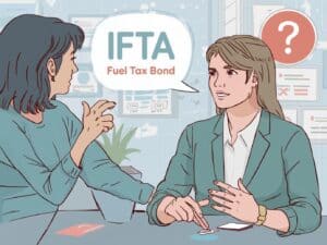 Two women in a business meeting discussing IFTA fuel tax bond requirements, with speech bubbles and question icons indicating compliance queries.