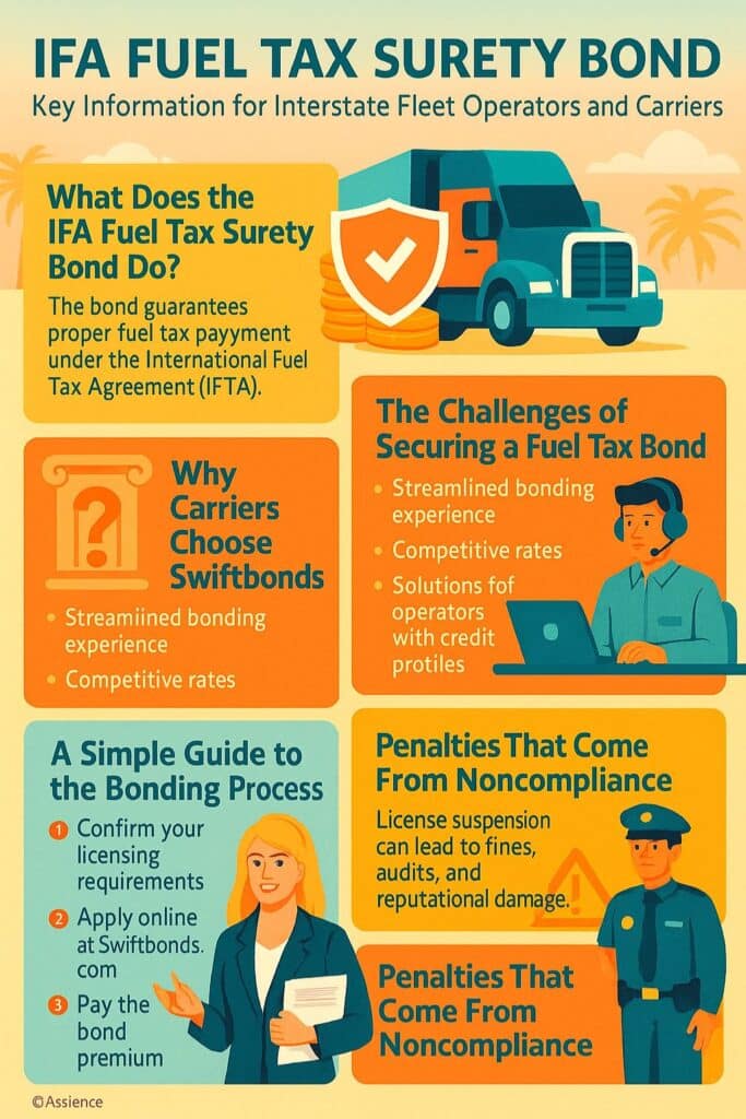 Bright summer-themed infographic explaining IFA fuel tax surety bond requirements, including its purpose, challenges, Swiftbonds’ services, bonding steps, and noncompliance penalties with trucking and compliance visuals.