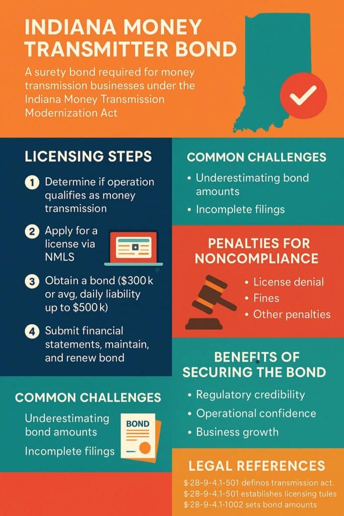 Colorful infographic explaining Indiana Money Transmitter Bond licensing steps, challenges, penalties, and benefits under the Indiana Money Transmission Modernization Act, featuring icons and bold sections.