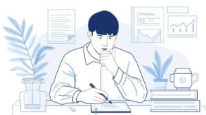 A focused business owner writing notes at a desk surrounded by plants and financial charts, representing strategic planning for obtaining a janitorial bond to build trust with clients.